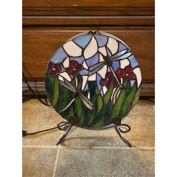Dragonfly Floral Round Stain Leaded Glass Plate Lamp - Picture 5 of 16